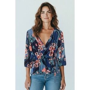 Emi & Joe Floral Wrap Blouse Top M Navy Blue 3/4 Sleeve Regencycore Romantic